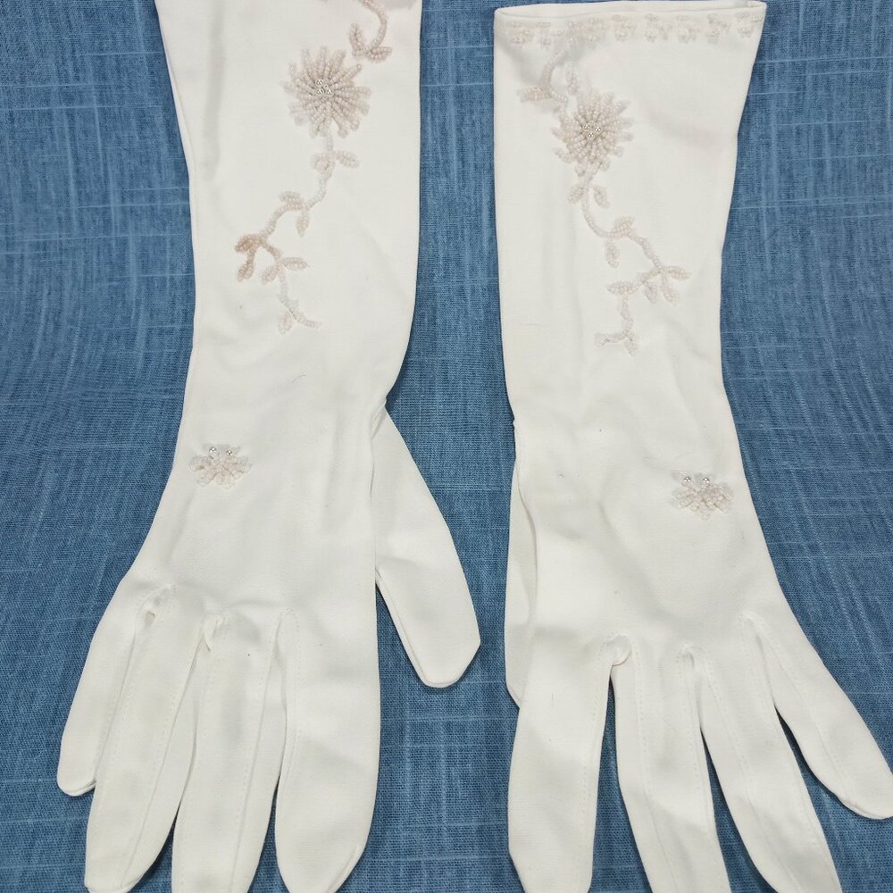 1940s White Mid Length Gloves with White Beaded Floral Detail by Harilela's